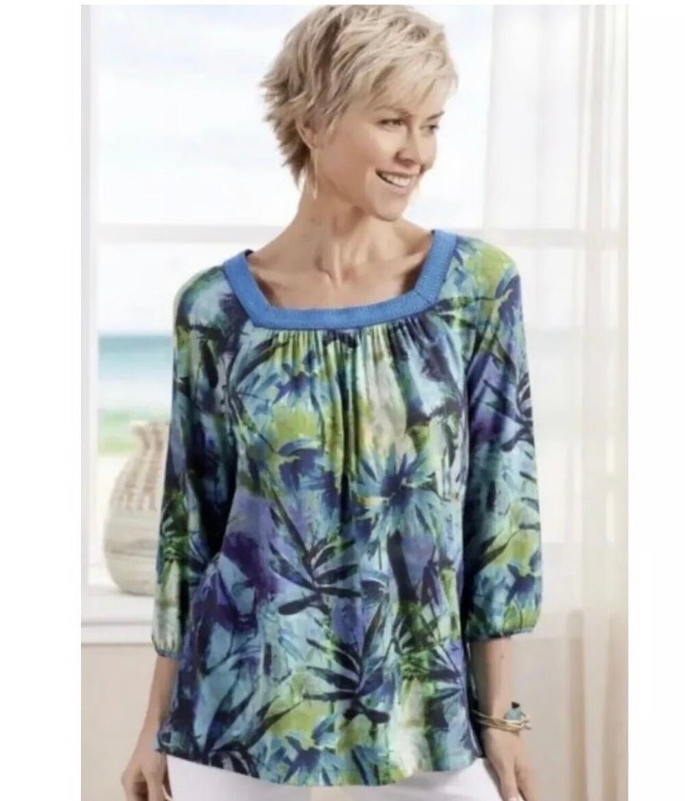 Soft Surroundings Odessa Tunic Blue Tropics Square Neck 3/4 Sleeve Medium NWT